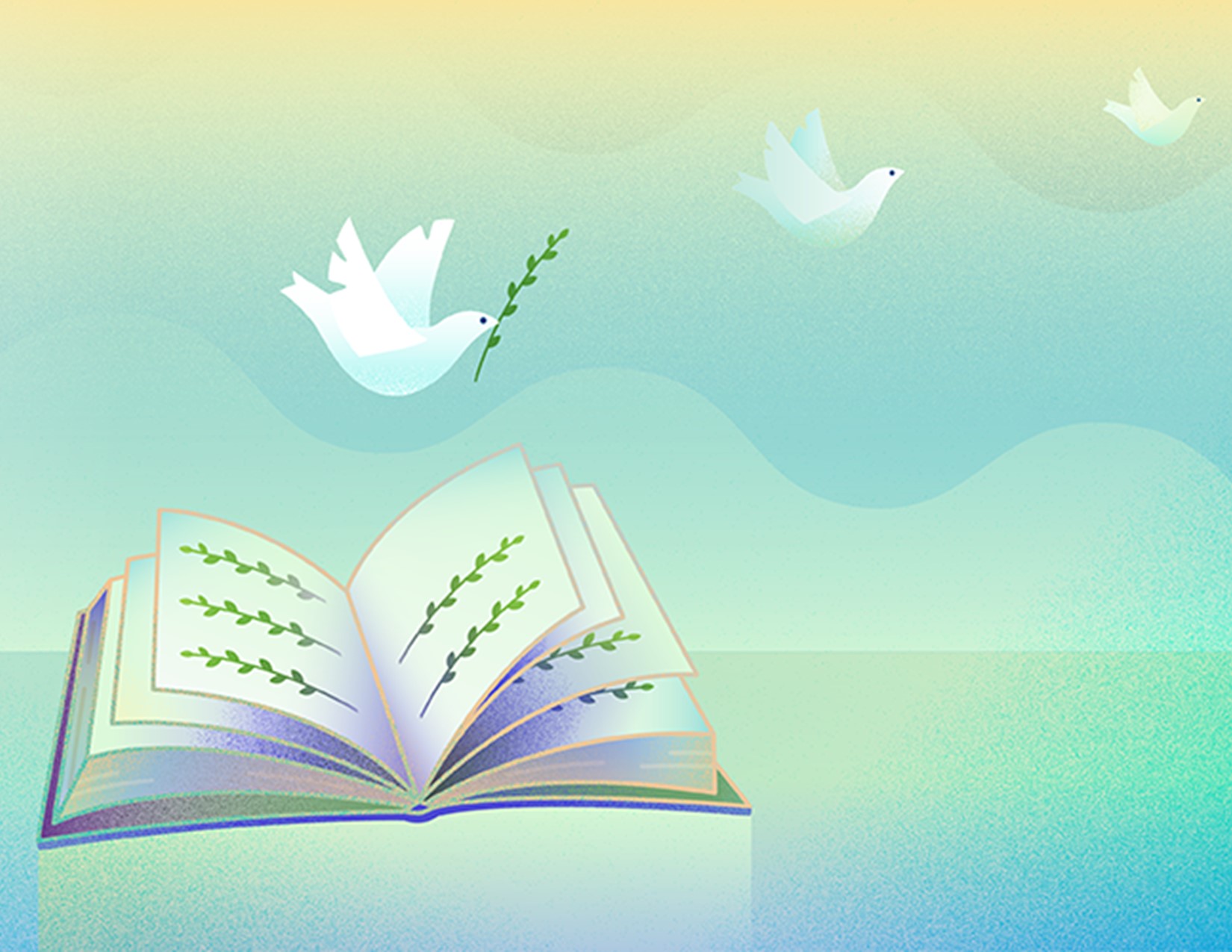 white doves with olive branches flying over open book with olive branches on its pages
