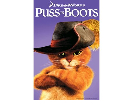 Movie poster featuring animated cat Puss in Boots, wearing a hat with a feather, arms crossed, on a purple background