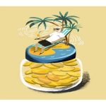 Color drawing of white-bearded man reclining on a deck chair under palm trees set on a clear jar filled with gold coins