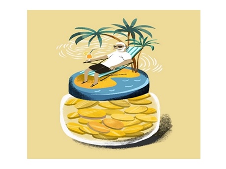 Color drawing of white-bearded man reclining on a deck chair under palm trees set on a clear jar filled with gold coins