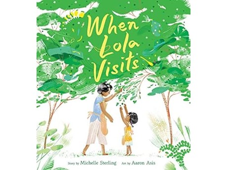 Book cover featuring grandmother and child picking fruit from a tree