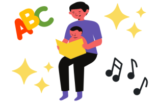 seated parent with child on lap look at book. ABC, music notes, and stars surround them