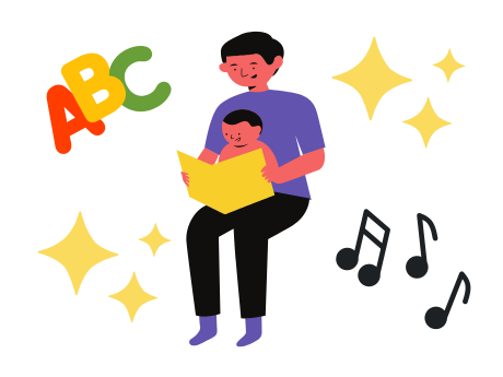 seated parent with child on lap look at book. ABC, music notes, and stars surround them