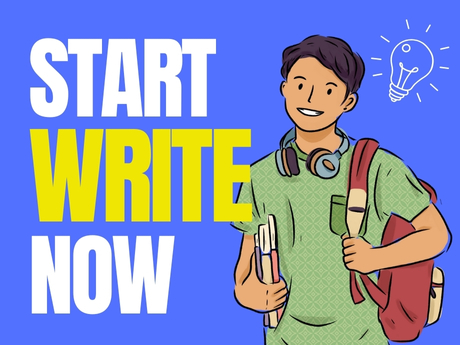 Text reads "start write now" with an illustration of boy in green t-shirt and backpack.