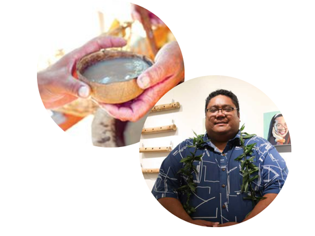 Two circles. In one circle, a hand passes a traditional cup of kava to another hand. In the other circle is a portrait of cultural practitioner ʻUlise Funaki.