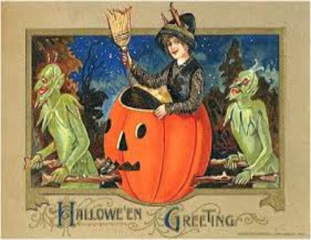 A Victorian period illustration of a witch being carried in a jack-o-lantern by two green demons.