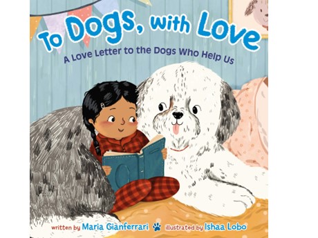 book cover showing child reading to dogs