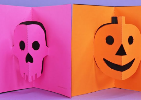 3-D Halloween cards, featuring a pink pop-up skull and an orange pop-up jack-o-lantern.