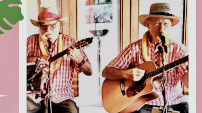 Two men playing stringed instruments and singing.