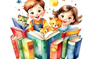 children reading clipart. Boy & girl on book pile