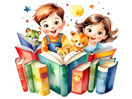 children reading clipart. Boy & girl on book pile
