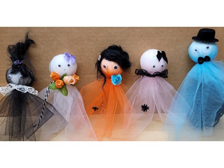 five colorful handcrafted ghosts