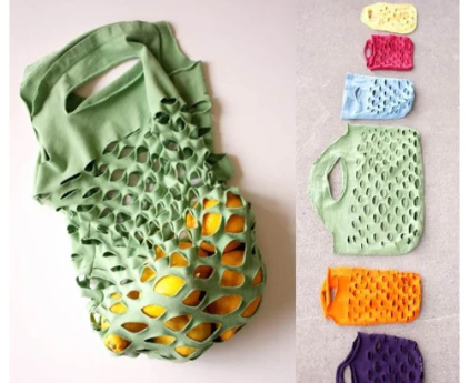 Pictures of bags made from old t-shirts.