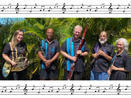 woodwind quintet, 5 people with instruments, outside, bordered by music notes