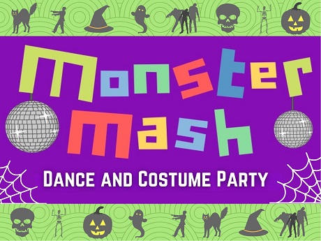 A graphic with the words Monster Mash Dance and Costume Party with purple background and disco balls with green ribbons on top and bottom of image with a variety of Halloween appropriate clip art.