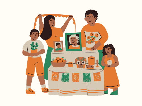 Illustration of a family decorating an altar for Día de los Muertos