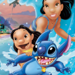 Lilo, Stitch, and Nani surfing.