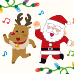 Illustration of a reindeer and Santa dancing around string lights.