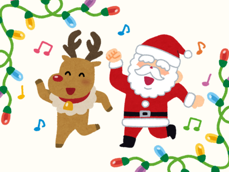 Illustration of a reindeer and Santa dancing around string lights.