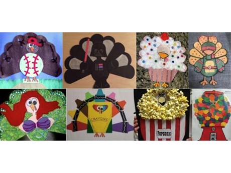A collage of paper turkeys disguised as a baseball, darth vader, a cupcake, a ninja turtle, the little mermaid a box of crayons, a bag of popcorn and a gumball machine
