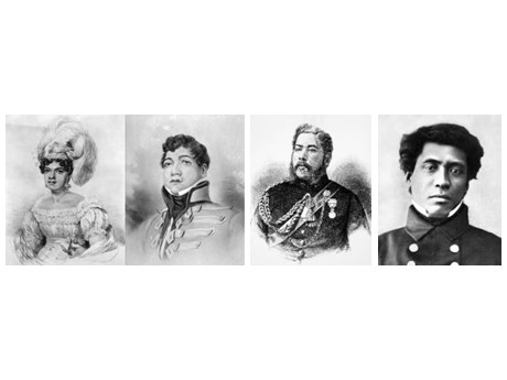 Black and white portraits of Queen Kamamalu, Kamehameha II, King Kalakaua and Timoteo Haalilio