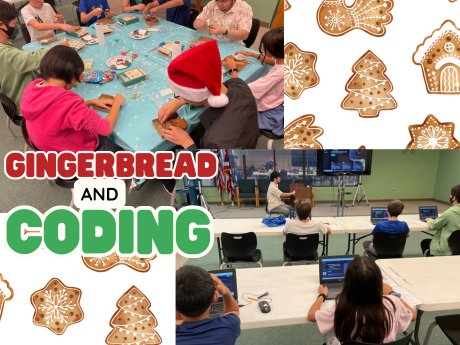Photo of teens decorating gingerbread. Photo of teens on laptops participating in coding class.