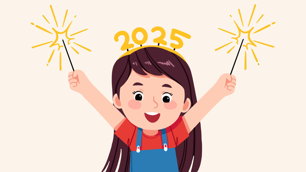 Happy child holding sparklers wearing a 2025 headband
