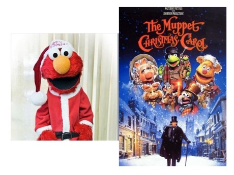 elmo in santa suit and muppet christmas carol cover