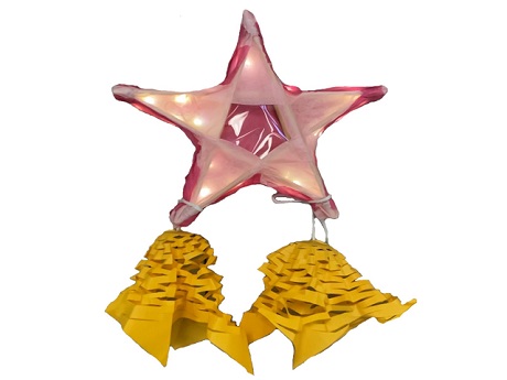 Image of a pink parol with yellow tails.