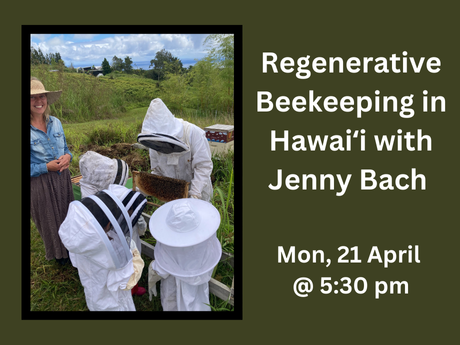 A woman faces the camera with 3 children in bee keeping suits examine a bee hive.