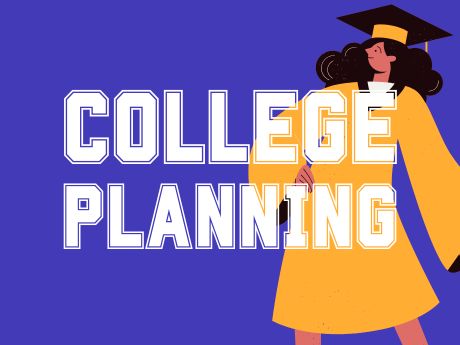 Illustration of high school graduate in yellow cap and gown with "College Planning" in text over the image.