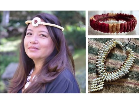 A photo collage with a portrait of Dr. Hattori and two art pieces from Micronesia