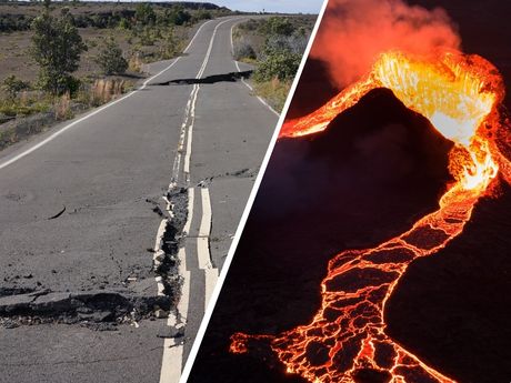 Two images of cracks on a road from an earthquake and a volcano eruption