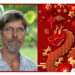 Author photo next to Chinese New Year design, red and gold with dragon