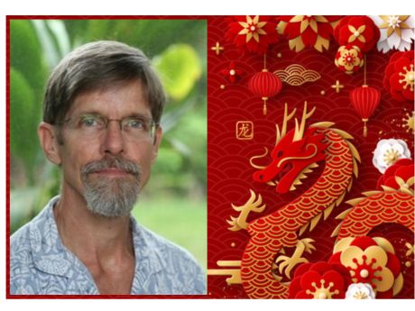 Author photo next to Chinese New Year design, red and gold with dragon