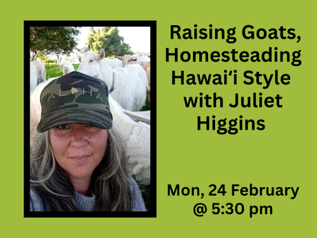 A woman in a hat in front of a herd of goats with the wording "Raising Goats, Homesteading Hawaii Style with Juliet Higgins Mon, 24 February @ 5:30 pm