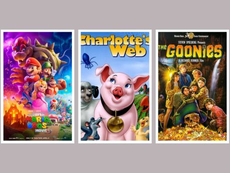 Super Mario Bros Movie, Charlotte's Web and The Goonies movie posters