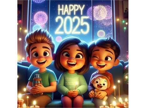 "Happy 2025". 3 children sitting and smiling in candlelight