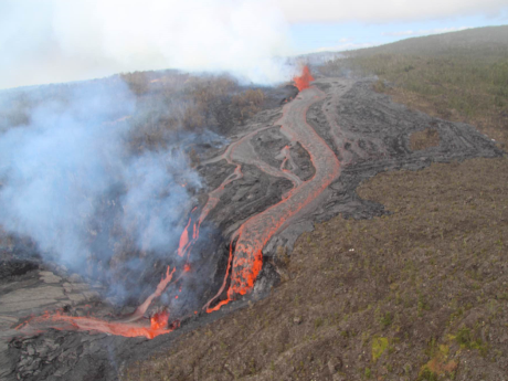 USGS photo: Lava erupting from a fissure west of Nāpau Crater cascades down into the crater during the September 15–20 eruption on the middle East Rift Zone of Kīlauea.
