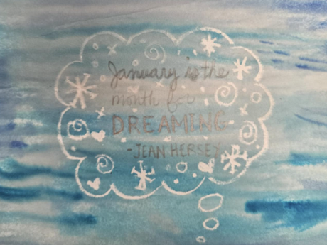 winter crayon resist with white and silver crayon, water color washed with shades of blue