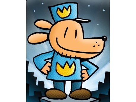 Dog man character standing with hands on hips. Cityscape behind him.