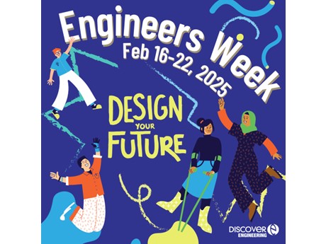 Image of excited people with the words: Engineers Week, Feb 16-22, 2025. Design Your future.