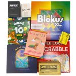 Flat lay of colorful board and card games
