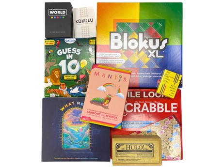 Flat lay of colorful board and card games