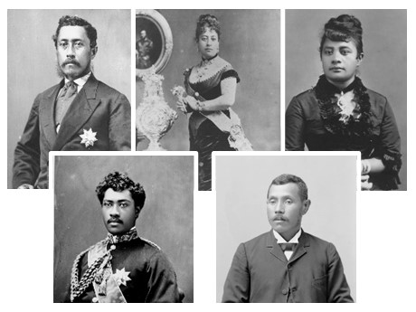 A collage of black and white portraits of King William Charles Lunalilo, Queen Emma, Princess Miriam Likelike, Prince William Pitt Leleiohoku II, and Joseph Kahoʻoluhi Nāwahī.