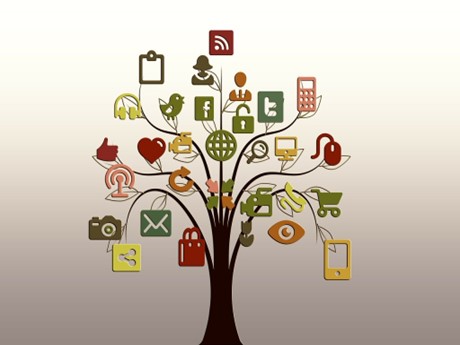 A tree with branches that end in different social media logos.