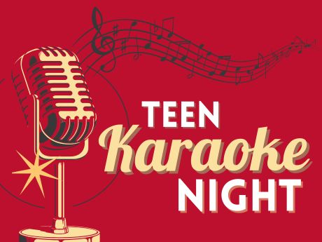 vintage microphone and music notes with words Teen Karaoke Night