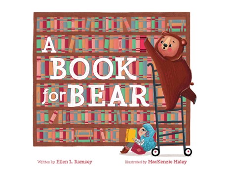 Book cover featuring a wall of books with a girl with blue hair sitting and reading while leaning on a rolling ladder with a bear on it.