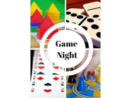 Game night with board games, dice, cards