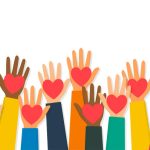 Cartoon hands raised in the air with hearts on palms